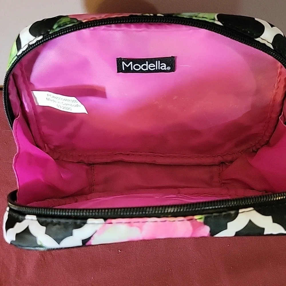 Modella Makeup Cosmetic Travel Bag Zippered Pouches Pink Black Floral